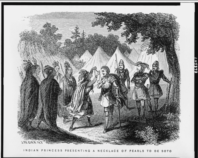 Lady of Cofitachequi presenting pearls to De Soto